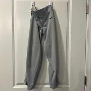 Russell, youth size small, grey baseball pants with navy stripe